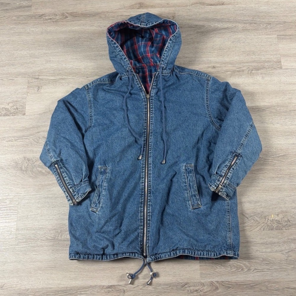 Vintage Unbranded Reversible Denim/Plaid Jacket Mens L Hooded Zip Up